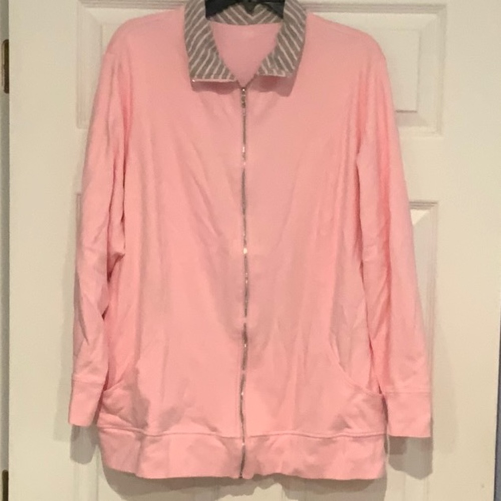 Kim Rogers Pink Jacket with Green Striped Collar